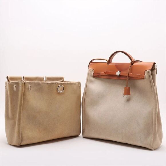 Hermes □B Mark Herbag Her Bag MM Toile Ash Leather 2WAY Shoulder Bag Commute A4 - Picture 1 of 16